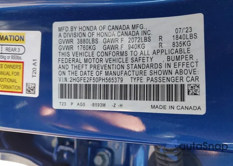 2023 Honda Civic Sport z USA, uszkodzony, nr VIN 2HGFE2F50PH565379